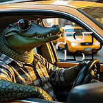 En alligator iført solbriller kjører en gul taxi i en by, med puslespillbrikker rundt seg