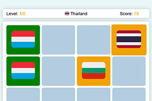 Et spillbilde med flagg av forskjellige land, inkludert Nederland og Thailand, med poengsum vist øverst