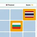 Et spillbilde med flagg av forskjellige land, inkludert Nederland og Thailand, med poengsum vist øverst
