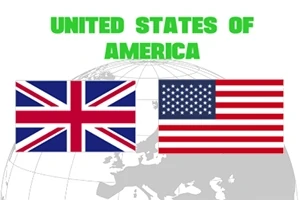 Det britiske flagget og det amerikanske flagget over en verdensbakgrunn med teksten United States of America øverst