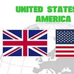 Det britiske flagget og det amerikanske flagget over en verdensbakgrunn med teksten United States of America øverst