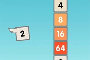 Flappy 2048 En vertikal rekke med fargede kvadrater med tallene 4, 8, 16, 64, og en kvadrat med tall 2 og en vinge, på en blå bakgrunn