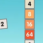 Flappy 2048 En vertikal rekke med fargede kvadrater med tallene 4, 8, 16, 64, og en kvadrat med tall 2 og en vinge, på en blå bakgrunn