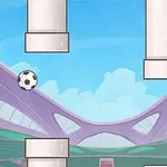 En tegnet fotball svever mellom store hvite rør i et stadionlandskap med blå himmel i bakgrunnen