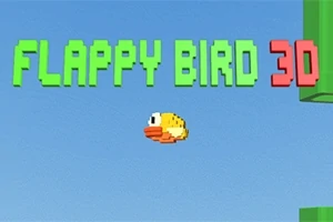En gul pixelert fugl flyr foran teksten FLAPPY BIRD 3D på en blå bakgrunn