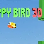 En gul pixelert fugl flyr foran teksten FLAPPY BIRD 3D på en blå bakgrunn