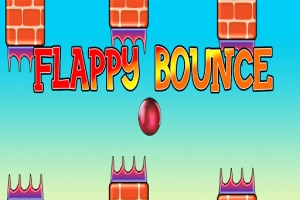 Fargerik tekst FLAPPY BOUNCE med et rødt egg i midten, omgitt av mursteinsblokker og blå bakgrunn