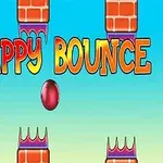 Fargerik tekst FLAPPY BOUNCE med et rødt egg i midten, omgitt av mursteinsblokker og blå bakgrunn