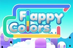 Fargerik bakgrunn med bokstaver som stave Flappy Colors over et tegnet landskap av skyer og søyler i pastellfarger