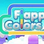Fargerik bakgrunn med bokstaver som stave Flappy Colors over et tegnet landskap av skyer og søyler i pastellfarger