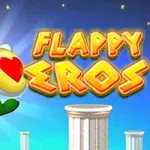 En tegneseriecupido med lyse krøller og et skjold med et hjerte, sammen med teksten FLAPPY EROS på en himmelbakgrunn med søyler
