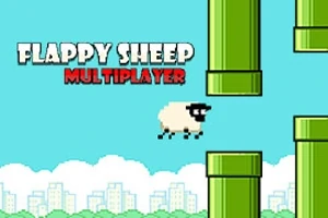 En tegnet sau flyr mellom grønne rør på en blå himmel med teksten Flappy Sheep Multiplayer i bakgrunnen