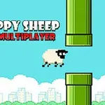 En tegnet sau flyr mellom grønne rør på en blå himmel med teksten Flappy Sheep Multiplayer i bakgrunnen