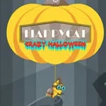 En gul ballong formet som et gresskar med teksten Happy Cat Crazy Halloween hvor en tegneserie-katt med briller og hatt henger under