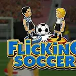 To an figurer midt på en fotballbane står over en ball, omringet av teksten Flicking Soccer, med tilskuere i bakgrunnen
