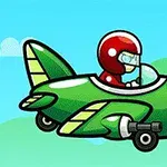 En tegneseriefigur i rød hjelm flyr et lite, grønt fly med propelldrevne hjul foran en blå himmel og grønne åser