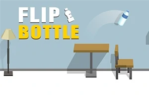 En lampe, et bord og en stol i et rom med teksten Flip Bottle og en flaske i bevegelse