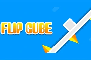 Blå bakgrunn med teksten FLIP CUBE ved siden av en diagonal hvit linje med trekanter og en liten kube på toppen