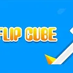 Blå bakgrunn med teksten FLIP CUBE ved siden av en diagonal hvit linje med trekanter og en liten kube på toppen