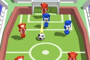Fargerike, stiliserte figurer i rødt og blått spiller fotball på en liten bane med et mål i bakgrunnen