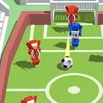 Fargerike, stiliserte figurer i rødt og blått spiller fotball på en liten bane med et mål i bakgrunnen
