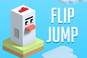 En kubisk, tegneserieaktig kylling stående på en isometrisk plattform med teksten Flip Jump i bakgrunnen