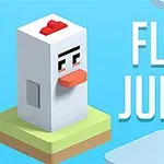 En kubisk, tegneserieaktig kylling stående på en isometrisk plattform med teksten Flip Jump i bakgrunnen