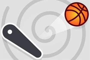 Et bilde av en svart og hvit flipper og en oransje basketball på en grå, spiralbakgrunn