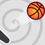 Et bilde av en svart og hvit flipper og en oransje basketball på en grå, spiralbakgrunn