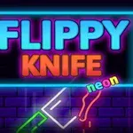 Neonlysbilde med teksten FLIPPY KNIFE i sterke farger mot en mørk bakgrunn
