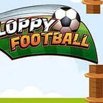 En fotball foran en grønn banner med teksten Floppy Football på en lys blå bakgrunn med to tårnlignende strukturer i kantene