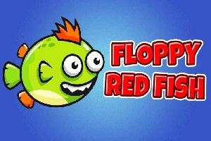 Tegneserieaktig grønn fisk med stort smil og oransje finner ved siden av teksten FLOPPY RED FISH på blå bakgrunn