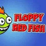 Tegneserieaktig grønn fisk med stort smil og oransje finner ved siden av teksten FLOPPY RED FISH på blå bakgrunn