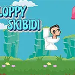 En animert figur med et menneskehode stikker opp fra et toalett og svever mellom røde stolper i et grønt landskap, med teksten Floppy Skibidi skrevet i skyene