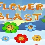 Tegneserieblomster med ansikter i ulike farger på en himmelbakgrunn med teksten Flower Blast