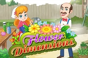 En kvinne som vanner blomster ved siden av en mann, med teksten Flower Dimensions i fargerike blomster omgivelser