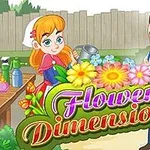 En kvinne som vanner blomster ved siden av en mann, med teksten Flower Dimensions i fargerike blomster omgivelser