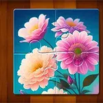Puslespill med motiv av rosa og hvite blomster på en blå bakgrunn
