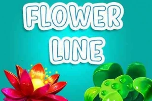 Tittelen Flower Line med illustrasjoner av en rød lotusblomst og grønne blader på en blå bakgrunn