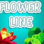 Tittelen Flower Line med illustrasjoner av en rød lotusblomst og grønne blader på en blå bakgrunn