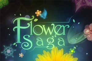 Tekst Flower Saga med blomster og sommerfugler i en lysende, fargerik stil på en mørk bakgrunn
