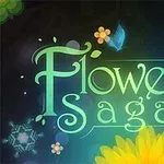 Tekst Flower Saga med blomster og sommerfugler i en lysende, fargerik stil på en mørk bakgrunn