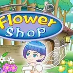 Tegnet bilde av en blomstbutikk med et fargerikt skilt og en liten alv med blått hår blant blomster