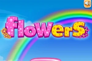 Ordet flowers i fargerik, blomsterdekorert skrift foran en regnbue og blå himmel