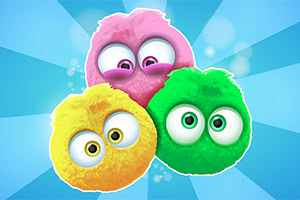 Tre fargerike, pelskledde kuler med store øyne i rosa, gul og grønn, på en lyseblå strålet bakgrunn