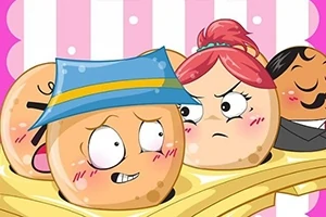 Fem animerte boller med ansikter og forskjellige uttrykk står i en rekke, med rosa og hvite striper i bakgrunnen