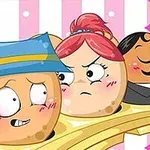 Fem animerte boller med ansikter og forskjellige uttrykk står i en rekke, med rosa og hvite striper i bakgrunnen