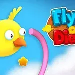 En tegnet gul fugl med store øyne flyr gjennom en rosa sirkelformet hindring mot en blå himmel med hvite skyer