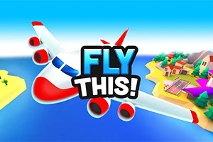 Et tegnet fly som flyr over et blått hav nær en øy med bygninger, med teksten Fly This!
