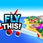Et tegnet fly som flyr over et blått hav nær en øy med bygninger, med teksten Fly This!